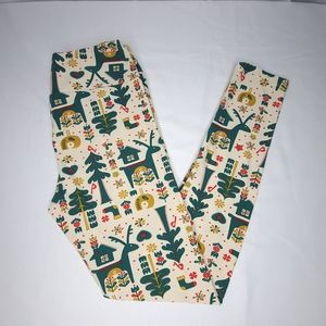 LuLaRoe Women's One Size Leggings Creme Christmas Theme Reindeer